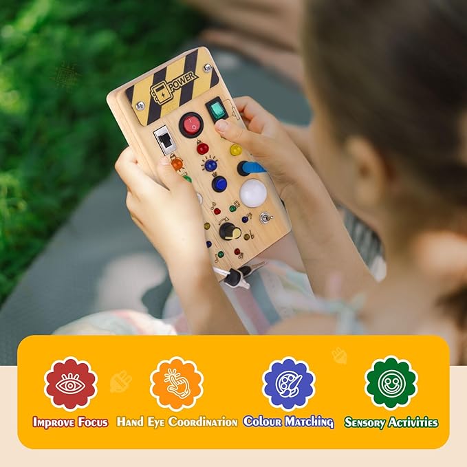 Hoarosall Montessori Wooden Busy Board with 8 LED Light switches, Sensory Toys Light Switch Travel Toys for 1+ Year Old Baby and Toddler