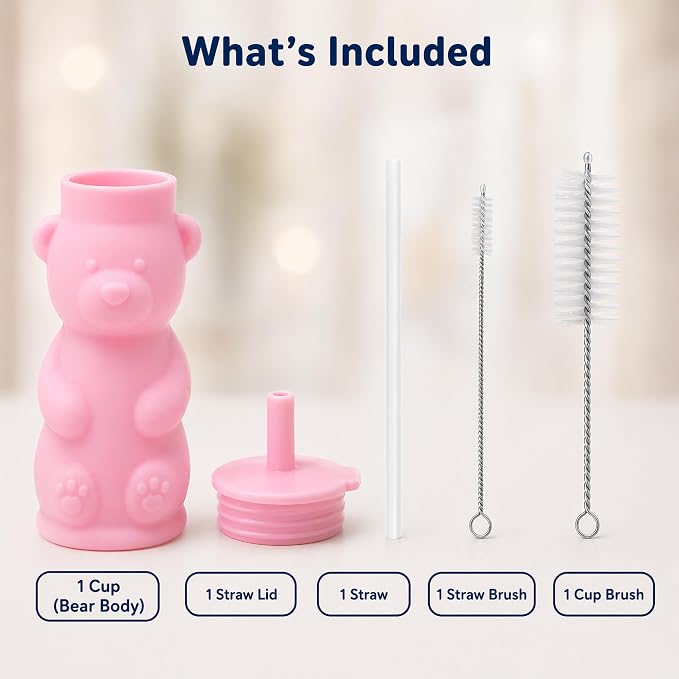 Silipint Honey Bear Straw Cup for Baby & Toddler – Soft Silicone Squeeze Training Straw Cup, Leak-Resistant Baby Sippy Cup for Bottle Transition, BPA Free, Dishwasher Safe, 8 oz Pink