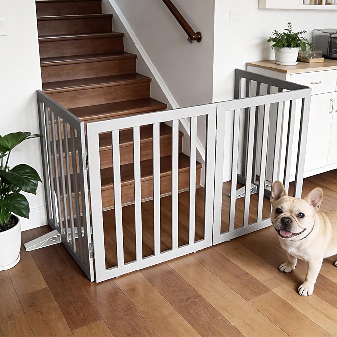 Dog Gate Indoor, Freestanding Dog Fence for The House, Doorways, Hallways,or Stairs,Pet Gate Foldable Wooden,Expandable 24" Height 4 Panels,Grey