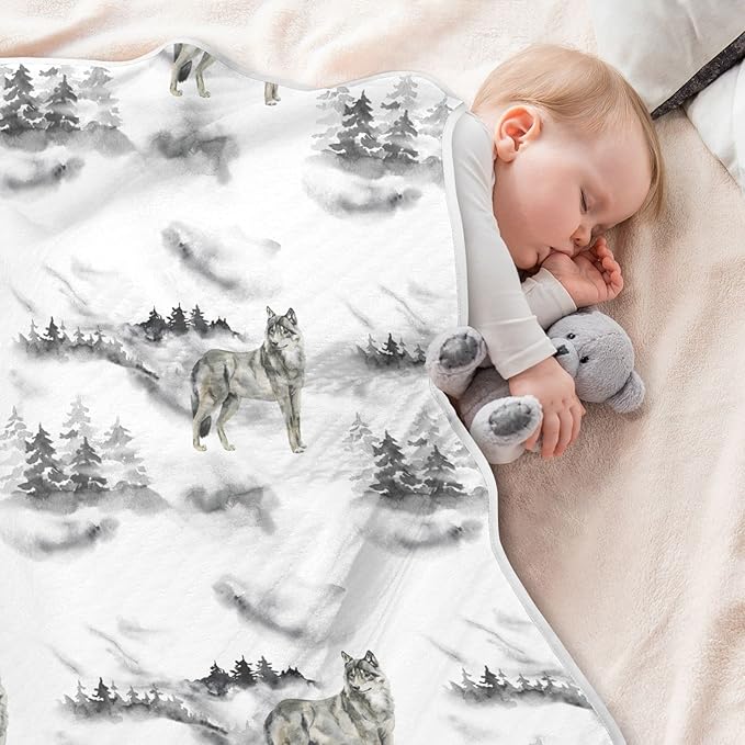 Ollabaky Forest Wolf Animal Baby Blanket for Boys Girls Cotton Throw Blanket Swaddle Blanket for Crib Stroller Nursery Receiving Blanket Infant Toddler Unisex 30"x40"