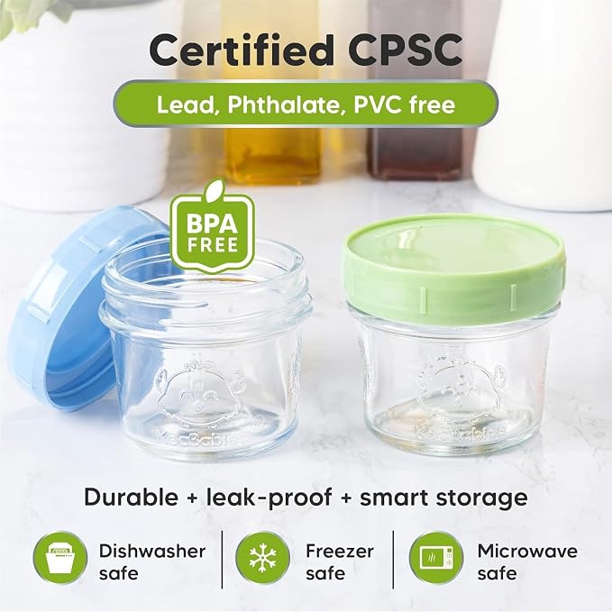 Keababies 4-Pack Silicone Baby Spoons and Forks Set and 12-Pack Baby Food Glass Containers - Baby Spoon Self Feeding, BLW Baby Utensils - 4 oz Leak-Proof, Microwavable, Baby Food Storage Container