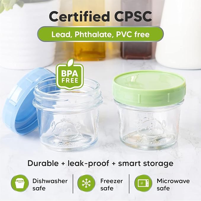 Keababies 4-Pack Silicone Baby Spoons and Forks Set and 12-Pack Baby Food Glass Containers - Baby Spoon Self Feeding, BLW Baby Utensils - 4 oz Leak-Proof, Microwavable, Baby Food Storage Container