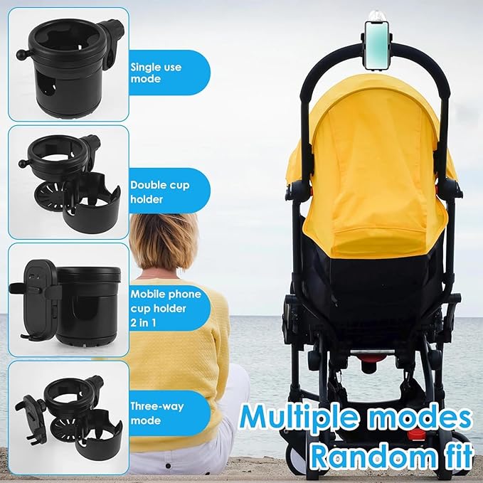 4-in-1 Universal Stroller Cup Holder with 360° Phone Mount - Adjustable Drink & Phone Holder for Strollers, Wheelchairs, Bikes, and Scooters 【Black】