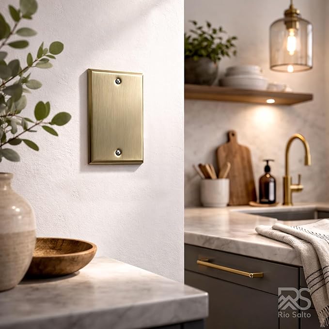 Rio Salto BRASS Signature Collection Antique Gold Blank Wall Plate STANDARD SIZE Metal Blank Outlet Cover for Unused Outlets Covers Child Safe Device Outlet Safety Vintage MATTE (Blank, 1-Gang)