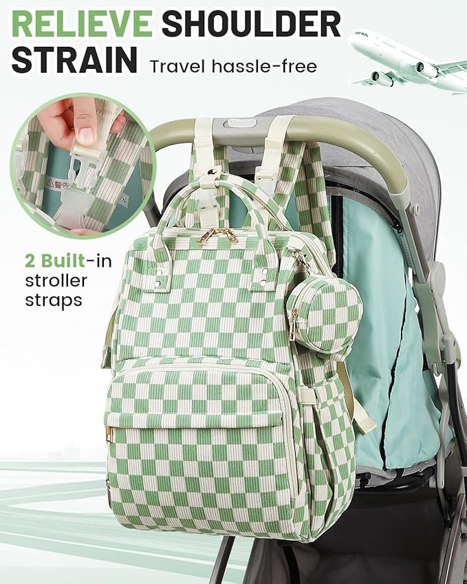Corduroy Diaper Bag Backpack, Large Capacity Multifunction Baby Diaper Bags for Women, Insulated Bottle Pockets & Pacifier Case, Stylish Travel Nappy Changing Bags for Mom Dad (Checkered Green)