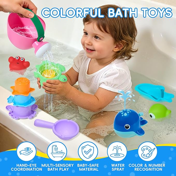 Baby Bath Toys for Kids Ages 1-3, 17PCS Mold-Free No Hole Bath Toys, Pool Water Table Toys, Toddler Bath Toy Set with Whale Sprayer, Boats & Stacking Cups, Easy Clean Bathtub Toys with Storage Bag