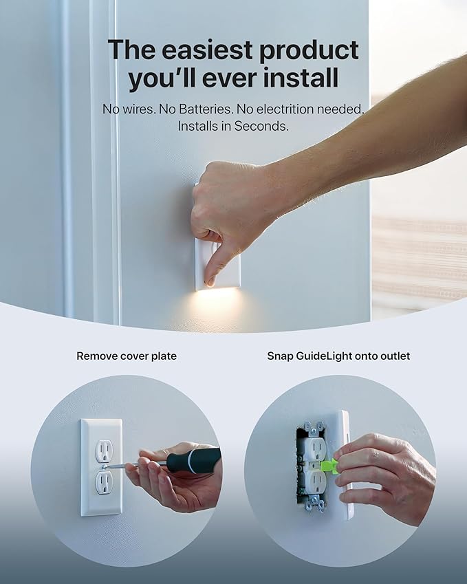 Single - SnapPower GuideLight [For Duplex Outlets] - Replaces Plug-In Night Light - Electrical Receptacle Wall Plate With LED Night Lights - Auto On/Off Sensor - (Duplex, Ivory)