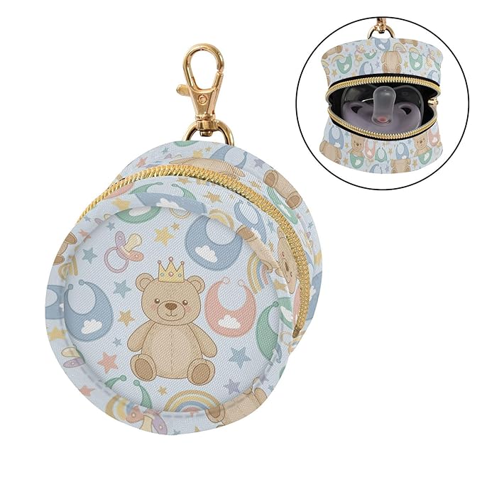 Teddy Bear Rainbow Blue Pacifier Holder Case Newborn Pacifier Storage Pouch for Boys Girls Easy Attach to Diaper Bag Portable Baby Essentials Container