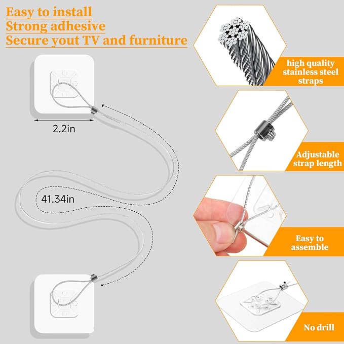 6 Pack Adjustable TV Safety Straps Stainless Steel, No-Drill Adhesive Anti-Tip Furniture Wall Anchors for Baby Proofing, Secure Flat Screens to TV Stand, Wall, Cabinet Or Desk