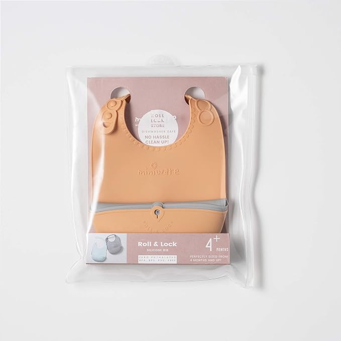 Miniware Roll & Lock Silicone Baby Bib, Easy Mealtime Cleanup - Food-Grade Adjustable Neck Strap and Food Catcher