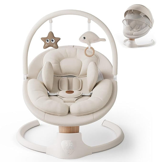 Baby Swings for Infants, FasonBaby Electric Baby Swing with 10 Preset Melodies, 5 Speeds, Remote Control and Bluetooth - Portable Infant Swing for Indoor and Outdoor(Beige)