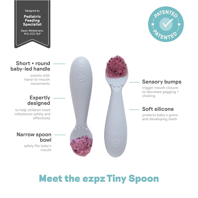 ezpz Tiny Cup (Pewter) + Tiny Spoon (2 Pack in Pewter) - baby essentials, cup and spoon