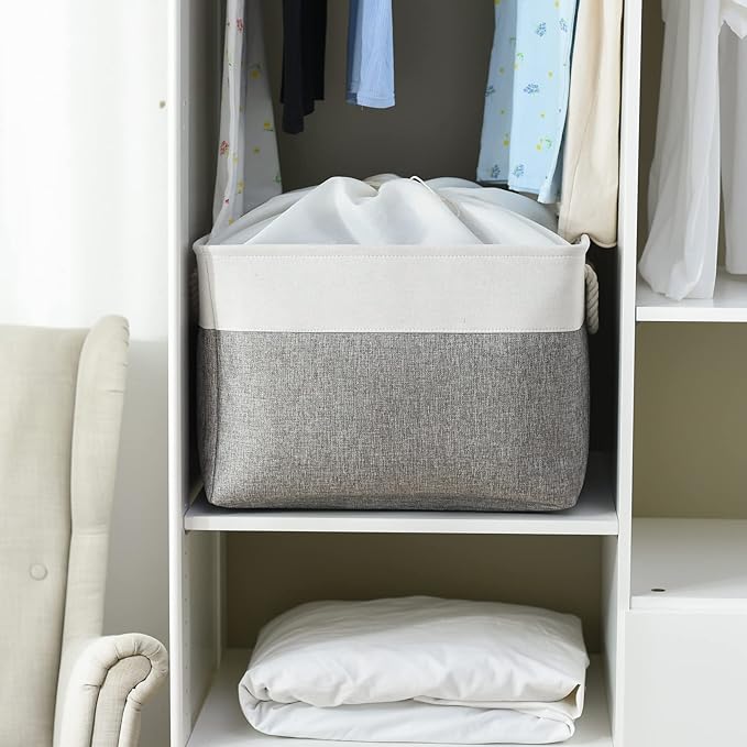 TheWarmHome Storage Bins Baskets for Organizing, 20.5L×15.7W×13.8H 3 Pack Sturdy Fabric Storage Basket W/Handles, Decorative Foldable Storage Baskets for Shelves Closet Nursery Toy (White & Grey)