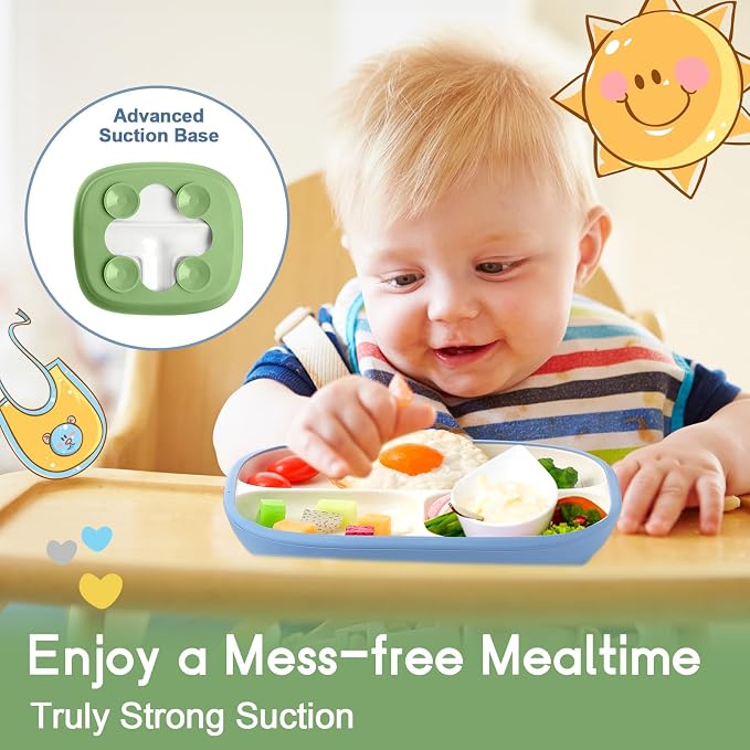 Domensi 3 Set Kids Porcelain Plates with Silicone Sleeves 8.2 Inch Divided Porcelain Plate Toddler White Suction Dishes for Baby Troubleless Eating Microwave Dishwasher Safe (Vivid)