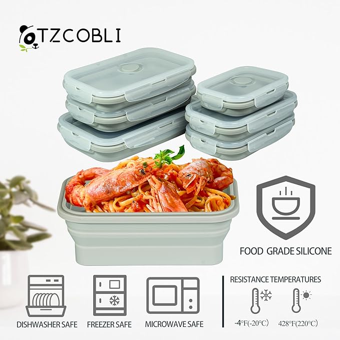 Plus 6PCS Foldable Silicone Food Storage Containers for Kitchen Storage for Leftovers Fruits and Meal Prep Dishwasher Safe Microwave Safe Ideal for Home and Travel (grey, square)