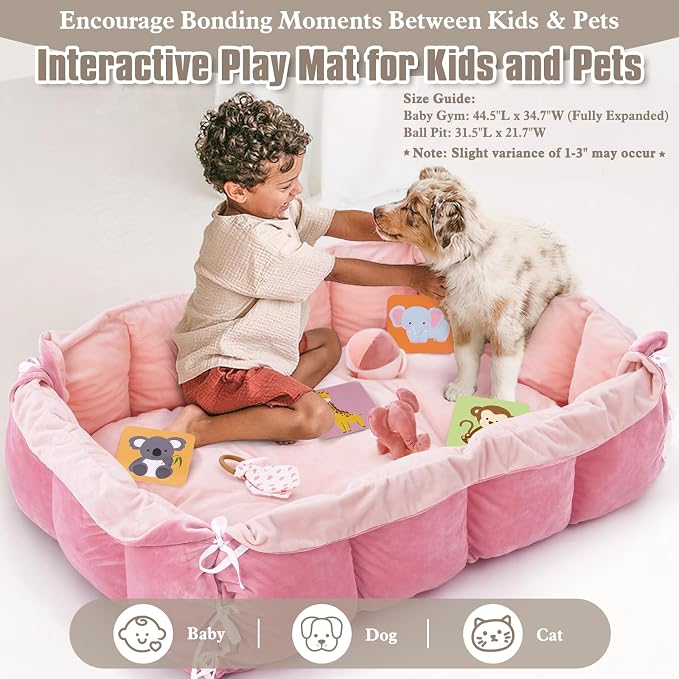 5-in-1 Plush Baby Play Gym, Baby Play Mats, Convertible Baby Gym, Tummy time mat, 6 Sensory Toys, Activity Center, Ball Pit, Light Pink
