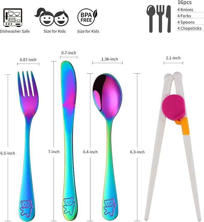 Stainless Steel Kids Silverware with Training Chopsticks, 12 Pieces Rainbow Toddler Utensils for 4-12 Years Old, Food Grade Metal Kids Utensils Set, Children Safe Flatware, Dishwasher Safe, Poylim