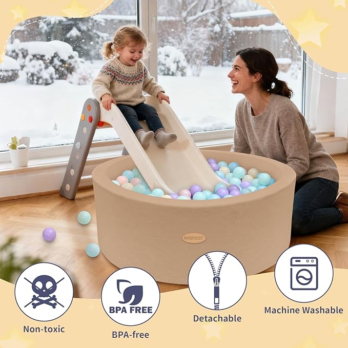 HARBOLLE 35.4" Soft Fleece Ball Pit & Playpen for Toddlers & Babies, Indoor/Outdoor Kids Foam Play Center, for Boys & Girls, Brown