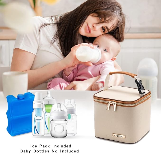 Breastmilk Cooler Bag with Ice Pack Fits 4 Baby Bottles Up to 5 Ounce, Baby Bottle Cooler Bag Great for Nursing Mom Daycare,Beige
