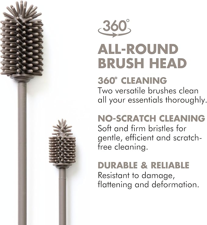 GrandTies Silicone Bottle Cleaning Brush Set | Extra Long Bottle Brush for Narrow Neck Bottle, Water Bottle, Cup, Mug, Blender Bottle, Tumbler, Hydro Flask, Baby Bottle, Wine Glass (Caffe Latte)