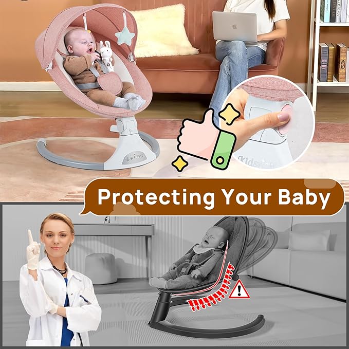 Pink Electric Baby Swing for Infants to Toddlers, 5 Speed Settings, 12 Built-in Songs, Bluetooth & USB Music, Timer Function, Adjustable Baby Swing for Nursery Use