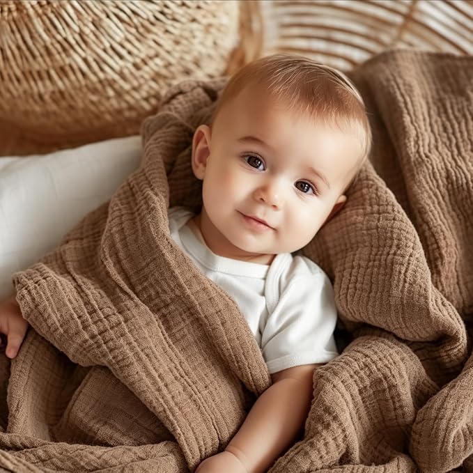 EMME Muslin Baby Blankets 100% Cotton 4-Layer Swaddle 40"x50" Lightweight Soft Breathable for Toddler, Infant, Newborn All Season Gauze Blanket, Brown