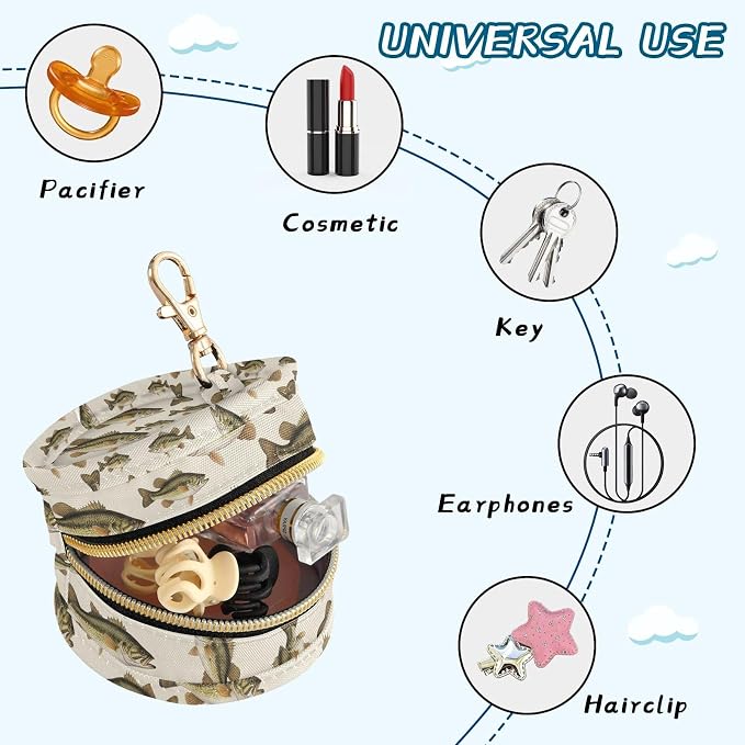 Sea Bass Fish Pattern Baby Pacifier Holder Case with Clip Portable Pacifier Storage Organizer Round Container Pouch Box Fits Diaper Bag Stroller Purse