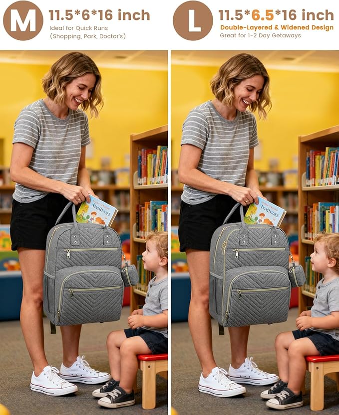 Pritent Diaper Bag Backpack,Baby Essentials Diapers Bag with Pacifier Case,Multipurpose Stylish Large Capacity Travel Backpack for Baby Girl/Boy(M-Gray)