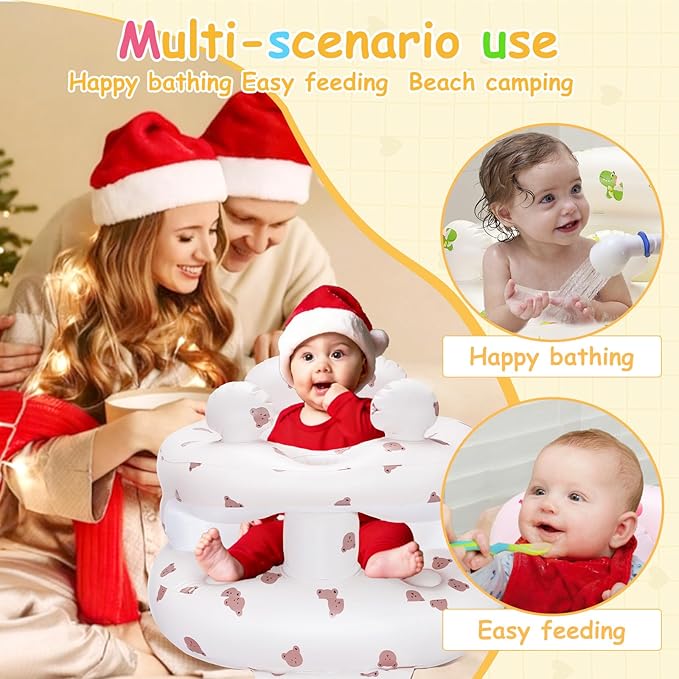 Inflatable Baby Seat for Babies 3-36 Monthsï¼?Squeaky Sound & Anti-Fall Design] Inflatable Chair with Sound-Making Ears, Baby Seat for Sitting-Up Practice, Built-in Air Pump (Ear Bear)