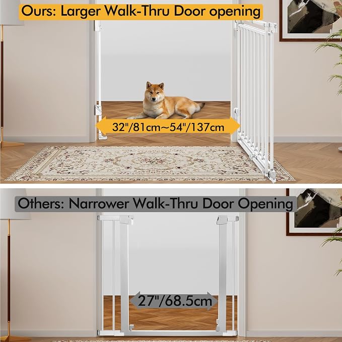 Baby Gate Extra Wide 32-54”W x 39”Extra Tall,Must Drill to Install,One-Hand Operation，No Bottom Threshold,Auto Close，White