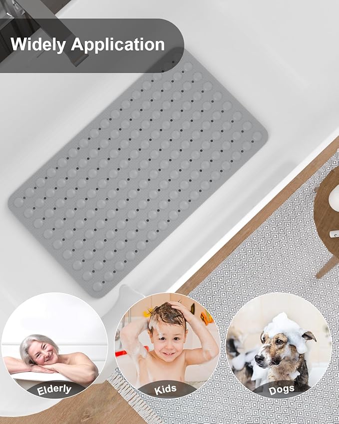 Bath Mat for Tub Shower Mat Non Slip Kids Rubber Shower Tub Mat, 100% Natural Rubber no Plastic Odors Perfect for Baby and Elder, Strong Suction Cups, Textured Mat Surface, 28 X 16 inches, Grey