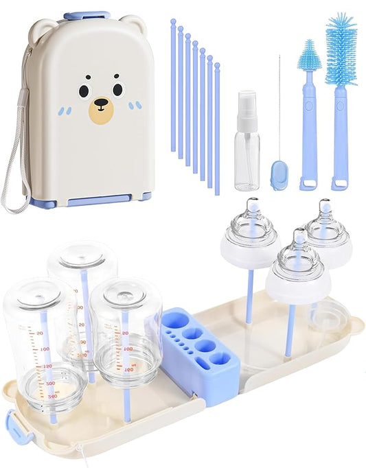 Travel Bottle Cleaner kit, 7in1 Baby Travel Essential Silicone Travel Bottle Brush Set Nipple Drying Rack, Straw Breast Pump Cleaning Soap Dispenser Organizer Case Mon Gift (Blue)