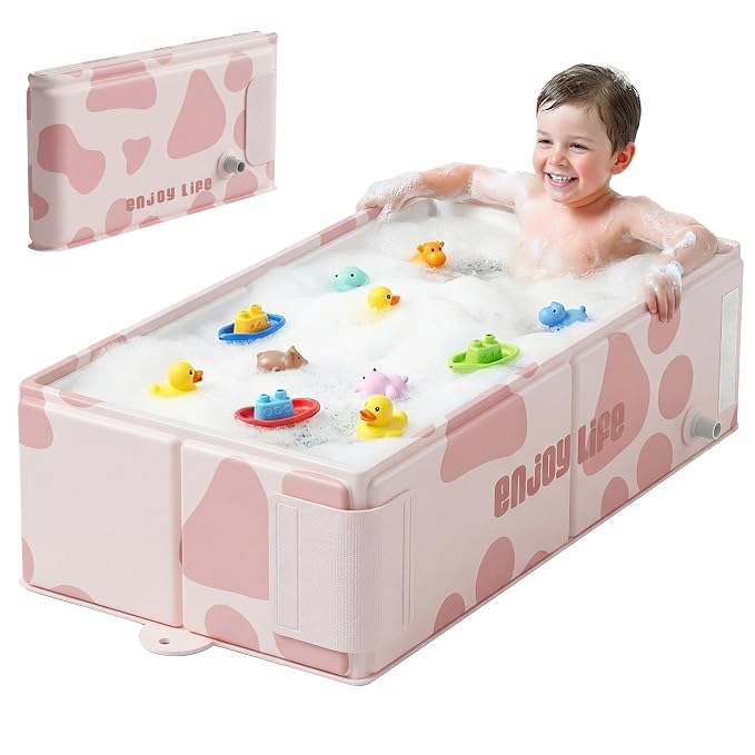 Collapsible Baby Bathtub for Newborn to Toddler, Foldable Toddler Bathtub with Drain Plug, Non-Slip Portable Infant Bath Tub for Travel Storage Outdoor Use, Milky Pink