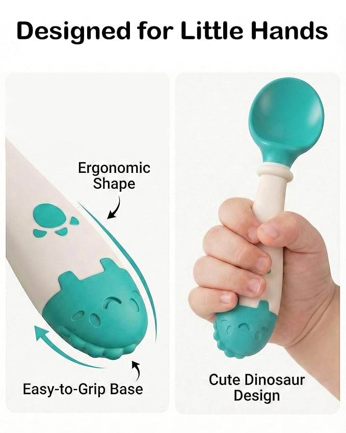 Deejoy Toddler Utensils, Self-feeding Flatware Set withTravel Case, Baby Spoons and Forks with Silicone Bendable Handle, Easy Grip Heat-Resistant, Ideal for Kids, Stage 2 Green