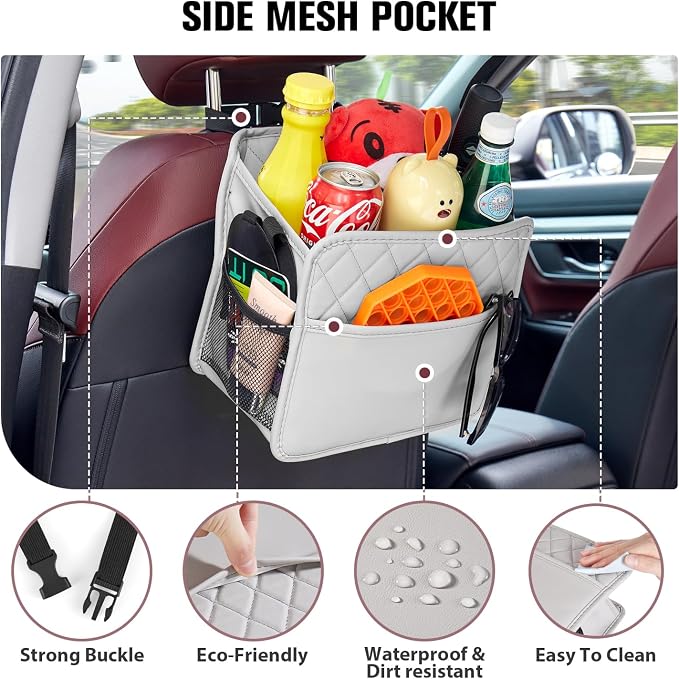 LXUNYI Car Seat Organizer, Updated Large Leather Backseat Car Organizer with Cup Holders Multifunctional Over the Seat Storage Organizer Bag Hanging Back Seat Organizers for Kids (Gray 1Pack)