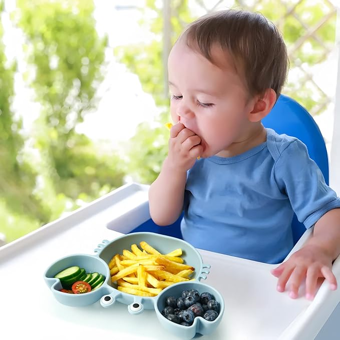 PandaEar 2 Pack Silicone Suction Plate for Baby, Divided Unbreakable Toddler Food Plate with 2 Pack Spoons for Self Feeding, Toddler Utensils Feeding Set Baby Eating Supplies, Crab Shape -Blue&Green