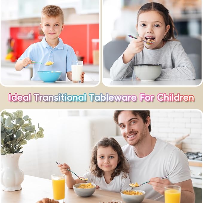 Stainless Steel Rainbow Toddler Spoons Set - 12 Pieces Food Grade Kids Spoons Set Safe Kids Silverware Children Small Spoon Metal Toddler Utensils Mirror Polished Sturdy and Durable Dishwasher Safe