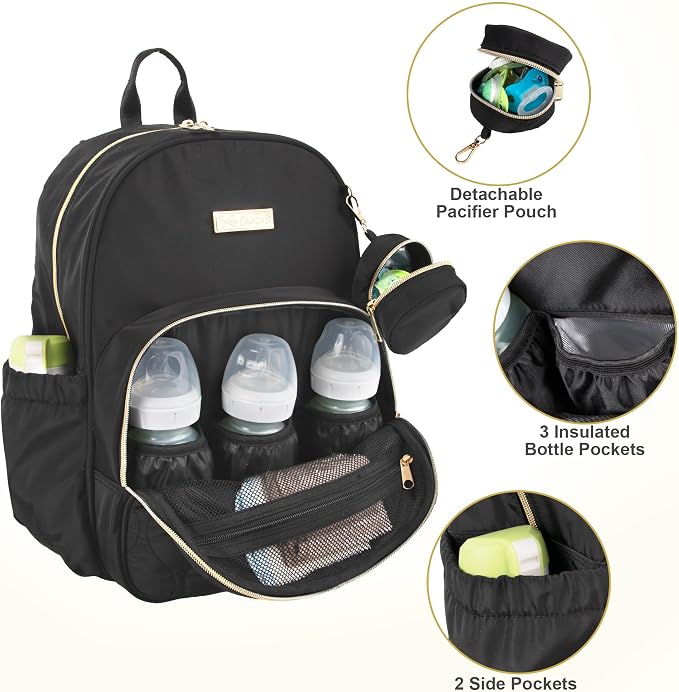 Baby Essentials 3 in 1 Diaper Bag Backpack, Changing Pad & Pacifier Pouch for Newborns, Infants, Toddlers - Quilted, Smooth, Sheek, Padded in Design, Black