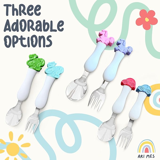 ARI MES - Dinosaur Fork and Spoon Set for Kids, Dinosaur Kids Spoon and Fork Set - Dino Spoons for Toddlers, Dinosaur Utensils for Children, Dinosaur Utensils for Toddlers, Children's Silverware