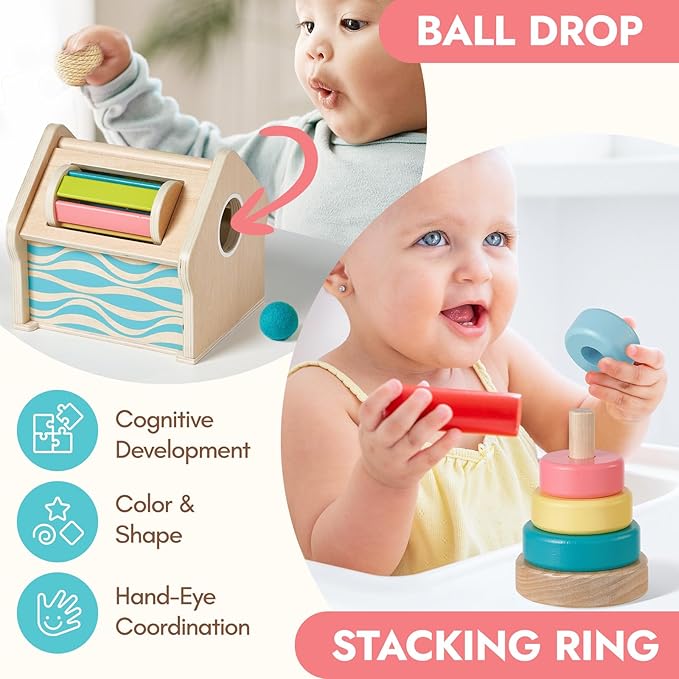 Giant bean Montessori Toys for Baby, 6-in-1 Wooden Early Education Learning Toys with Sensory Teething,Object Permanence Box,Shape Sorting Stacking Ring,Mirror Puzzle,Christmas Toy for Kid 1 2 3