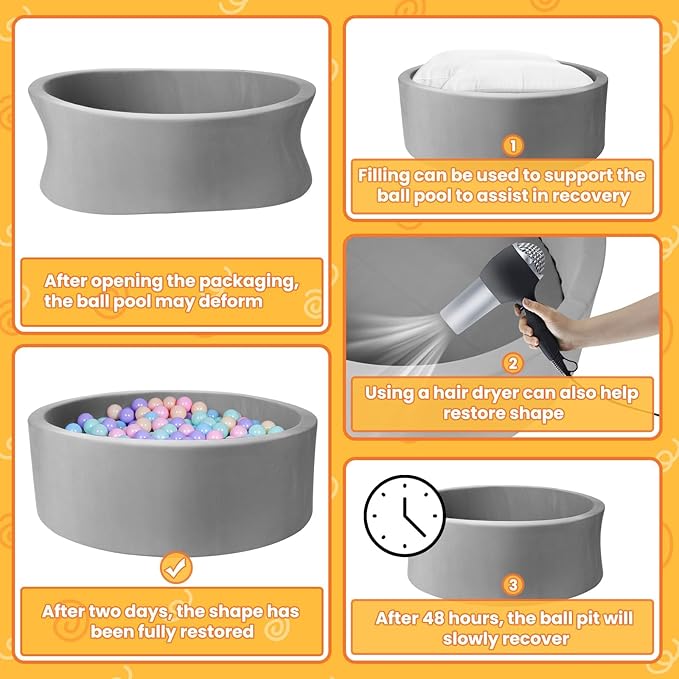 Ball Pit for Balls 47.2" x 13.7" Round Foam Ball Pits for Kids Toddlers Soft Play Equipment - Balls NOT Included (Light Gray)
