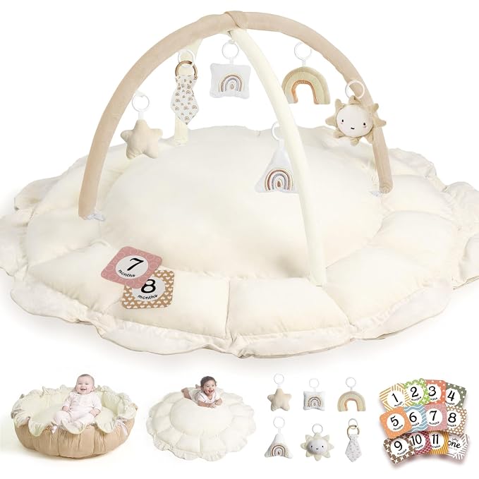 Little Dove 5-in-1 Convertible Baby Play Gym with 6 Toys, Tummy Time Mat for Sensory Development, Baby Activity Center for Newborn & Toddler, Ball Pit, Soft Pet Mat, No Ball Included Cream