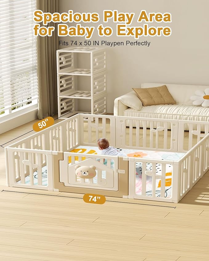 TINYHARBO Premium Foam Baby Play Mat 74x50 ??Removable & Machine Washable Cover, Extra Thick Padding Playpen Mat, Non-Slip Crawling Mat, Easy to Clean for Infants, Toddlers & Babies