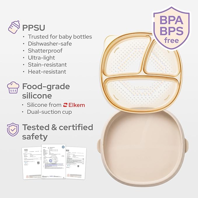 3-in-1 Baby Suction Plates with Spoon & Fork, Premium PPSU Stage-Based Toddler Dinnerware, Bottle-Grade, Silicone Divided Dishes for Self Feeding 6M-3Y, BPA Free Stain Resistant, Dishwasher Safe