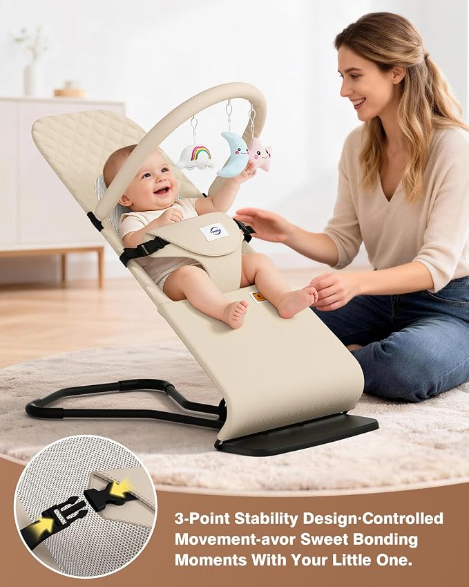 Baby Bouncer, Bouncer Seat for Babies 0-12 Months, Ergonomic Rocking Chair with Detachable Hanging Bar, 3-Height Adjustments, Foldable & Portable Infant Rocker, Machine Washable Fabric, Beige