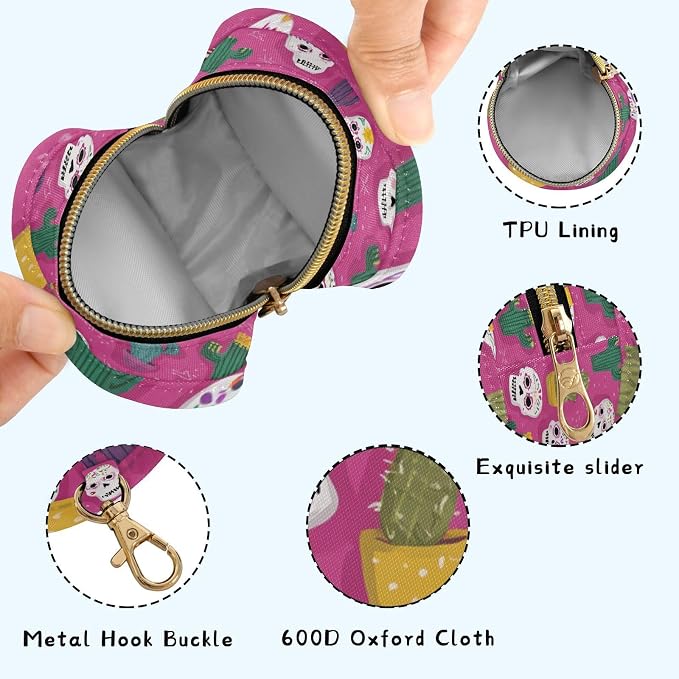 Pacifier Holder with Clip Pacifier Case for Diaper Bag Round Baby Pacifier Pouch Box Bag Portable Pink Skulls Green Cactus