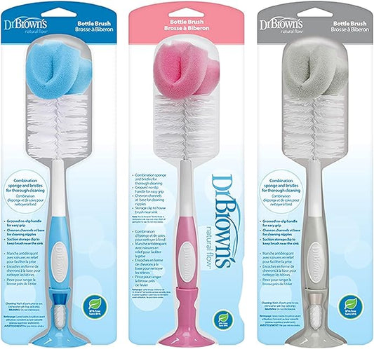 Dr. Brown's Reusable Sponge Baby Bottle Cleaning Brush with Suction Cup Stand, Scrubber and Nipple Cleaner, BPA-Free, Blue/Gray/Pink, 3-Pack
