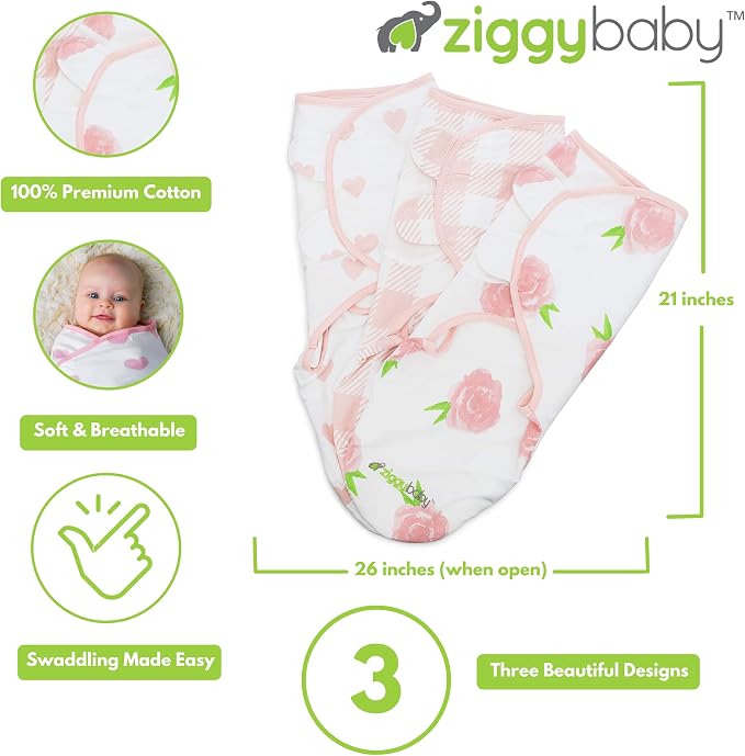 Ziggy Baby Baby Girl Swaddle Blanket Adjustable Wrap Set Size Small/Medium, 0-3 Months - 3 Pack - Pink Peony, Pink Heart, Pink Buffalo Plaid - Newborn Swaddle, Baby Swaddles