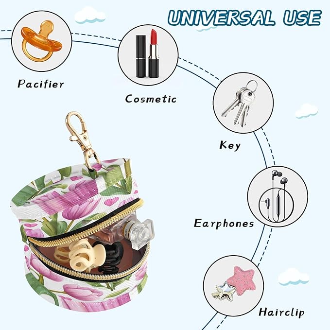 Pacifier Holder with Clip Pacifier Case for Diaper Bag Round Baby Pacifier Pouch Box Bag Portable Romantic Pink Tulips and Hearts