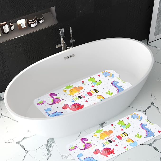 Bath Mat for Tub for Kids Dinosaur Non Slip Bathtub Mat for Baby Toddler 40X16 Inch Long Anti Skid Bathroom Shower Mat with Suction Cups & Drain Holes